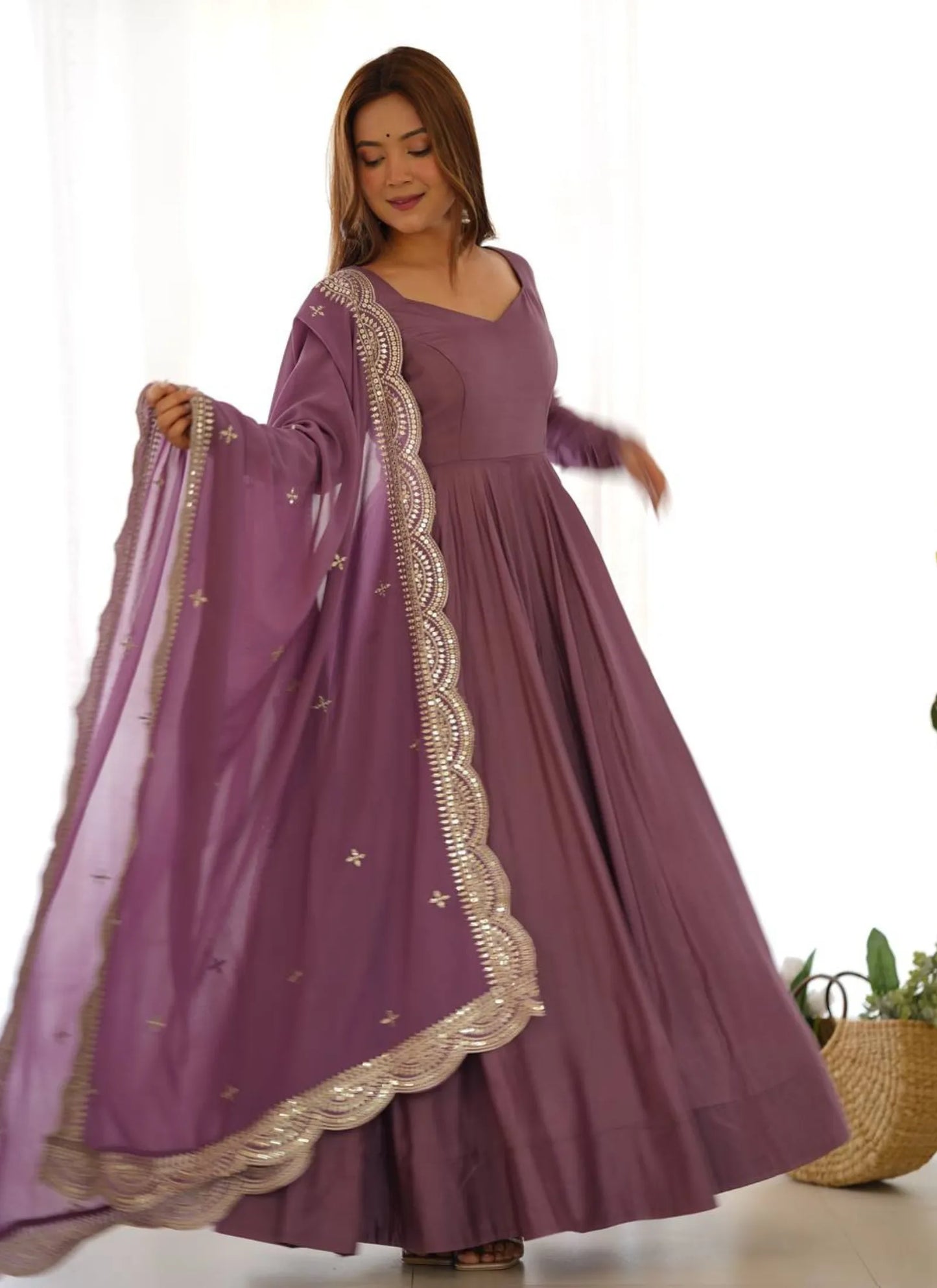 Pure Romansilk Chanderi Fabric Anarkali Mauve