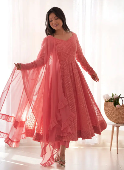 Classic Lucknowi Georgette Fabric Anarkali Suit Peach
