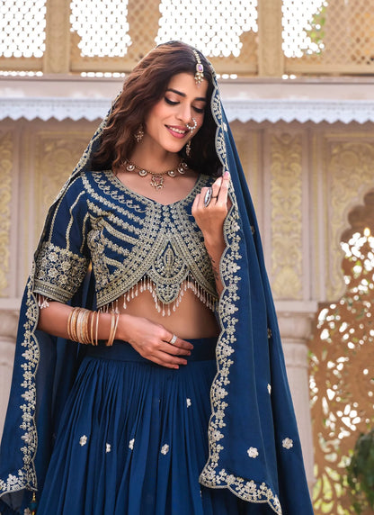 Blue Pure Vichitra Silk Embroidery Thread Work Lehenga Choli