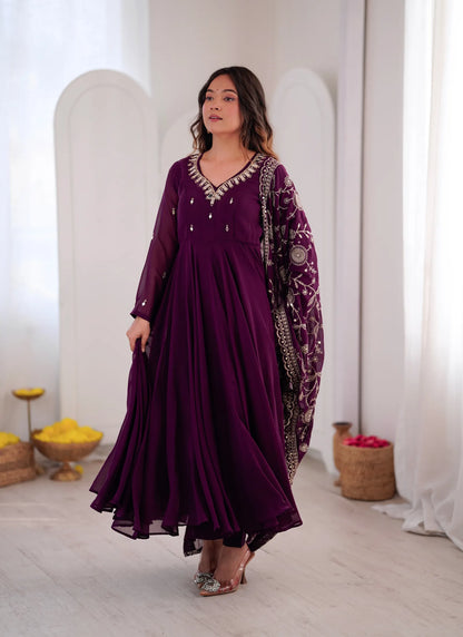 Wine Elegant Embroidered Anarkali Suit