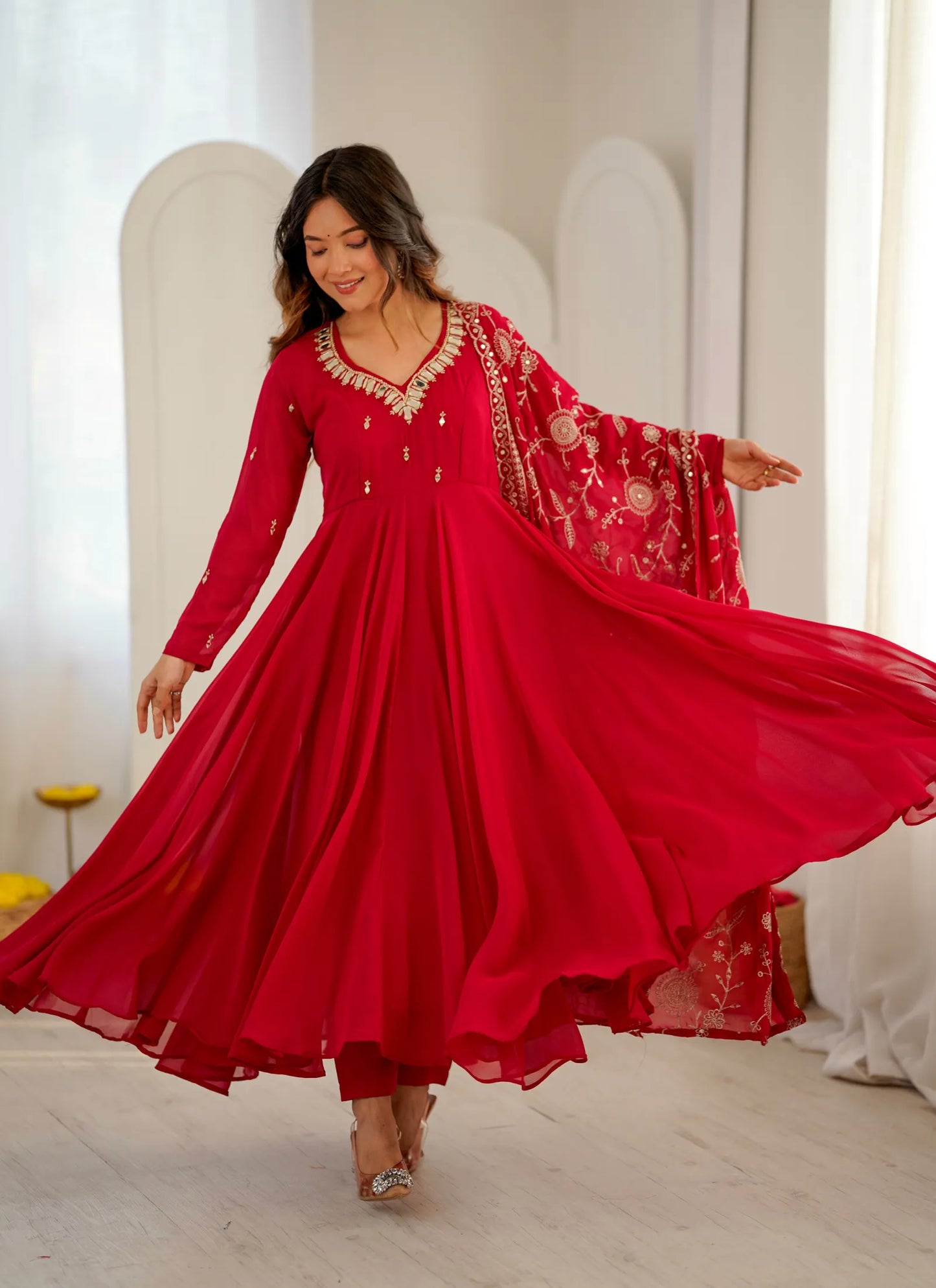 Red Elegant Embroidered Anarkali Suit