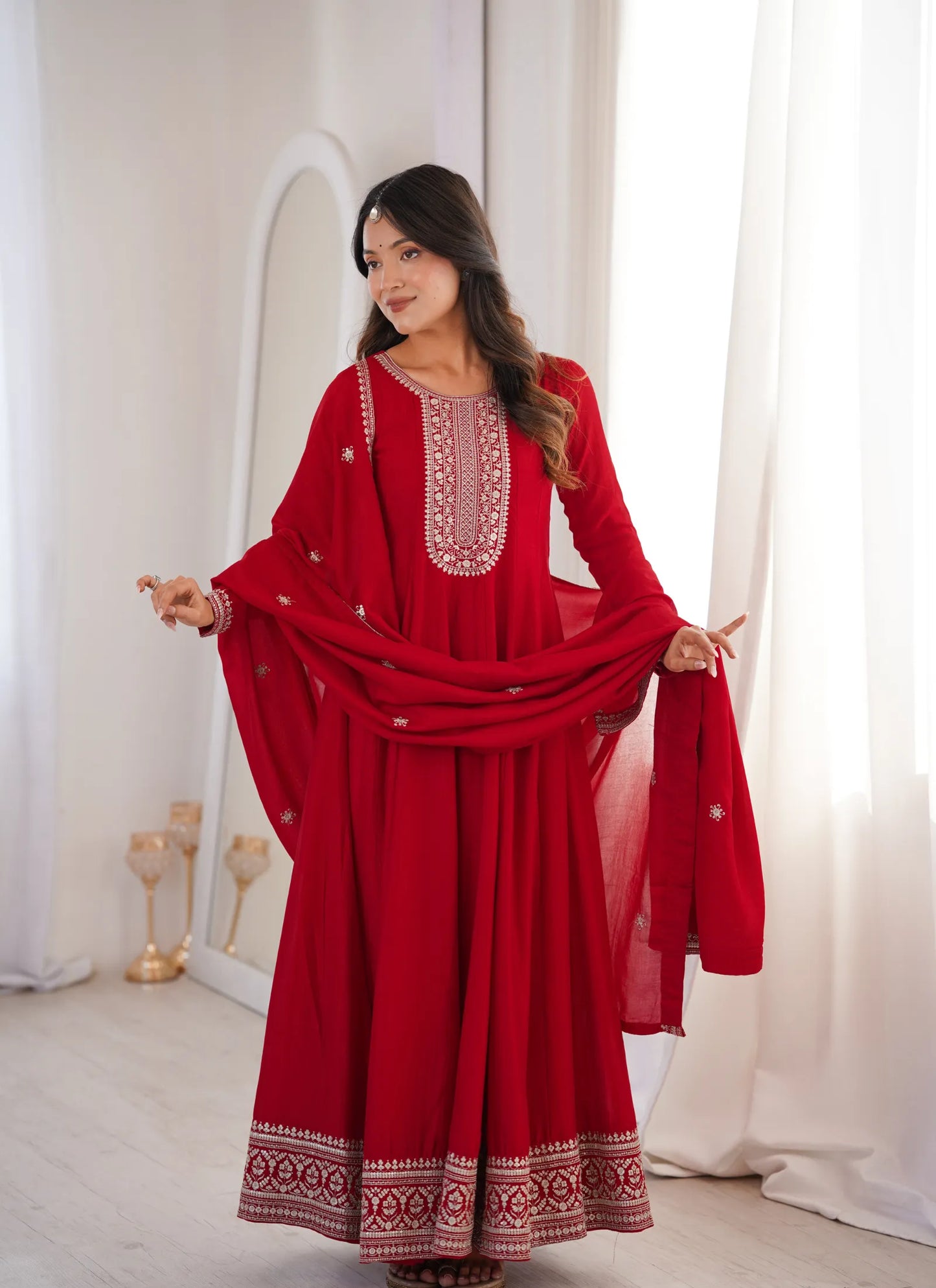 Dark Red Vichitra Silk Embroidered Gown