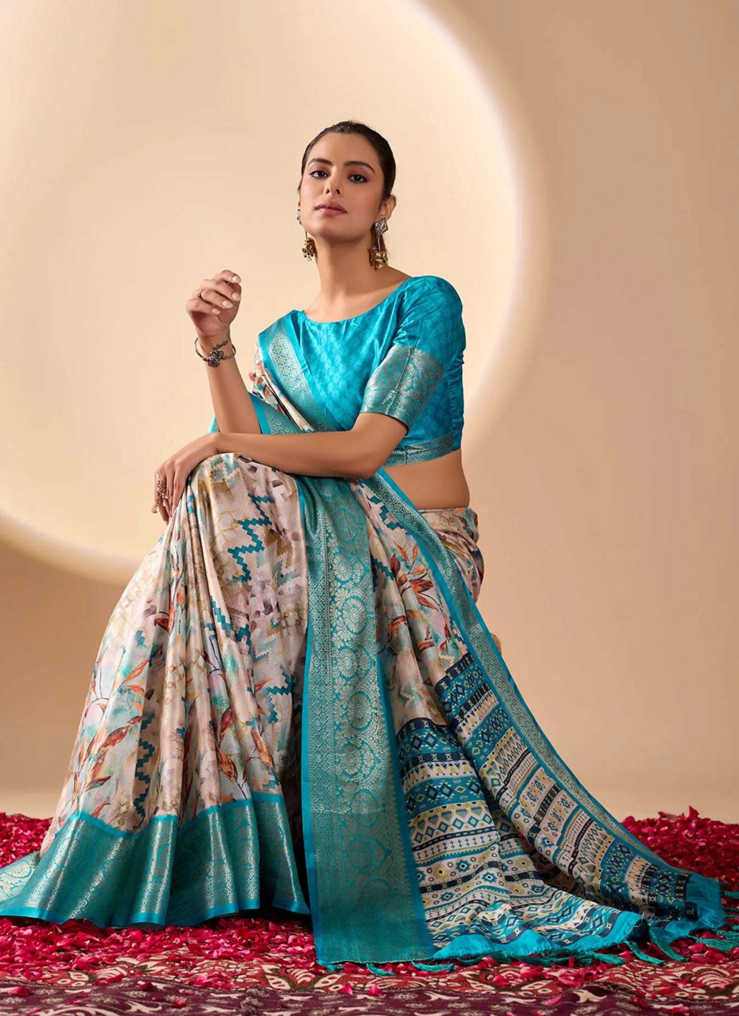 Modern Prints Soft Lichi Silk Saree Aqua