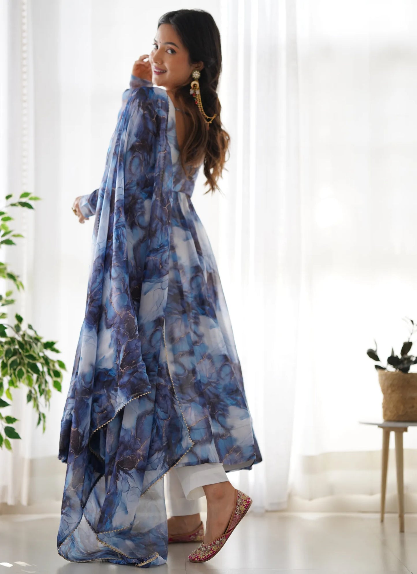 Pure Soft Organja Silk Marble Print Anarkali Navy Blue