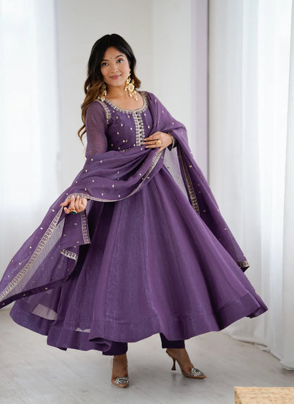 Pure Crunchy Silk Fabric Anarkali Suit Purple