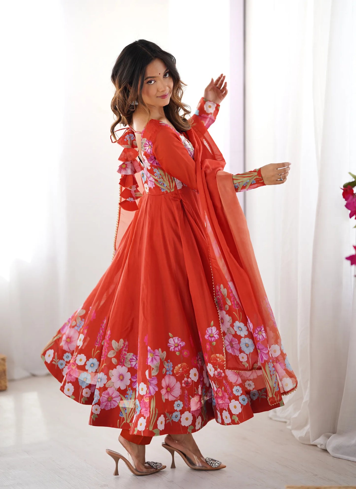 Pure Soft Organja Silk Anarkali Red