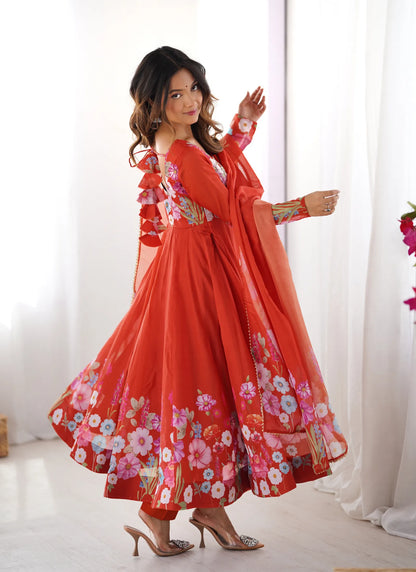 Pure Soft Organja Silk Anarkali Red