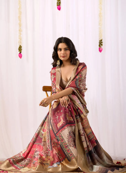 Tribal Art Print Soft Lichi Silk Saree