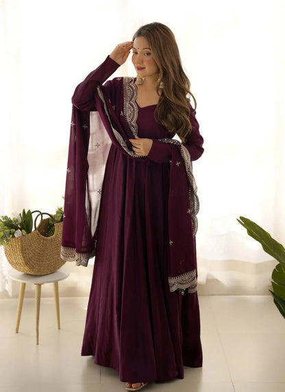 Pure Romansilk Chanderi Fabric Anarkali Wine