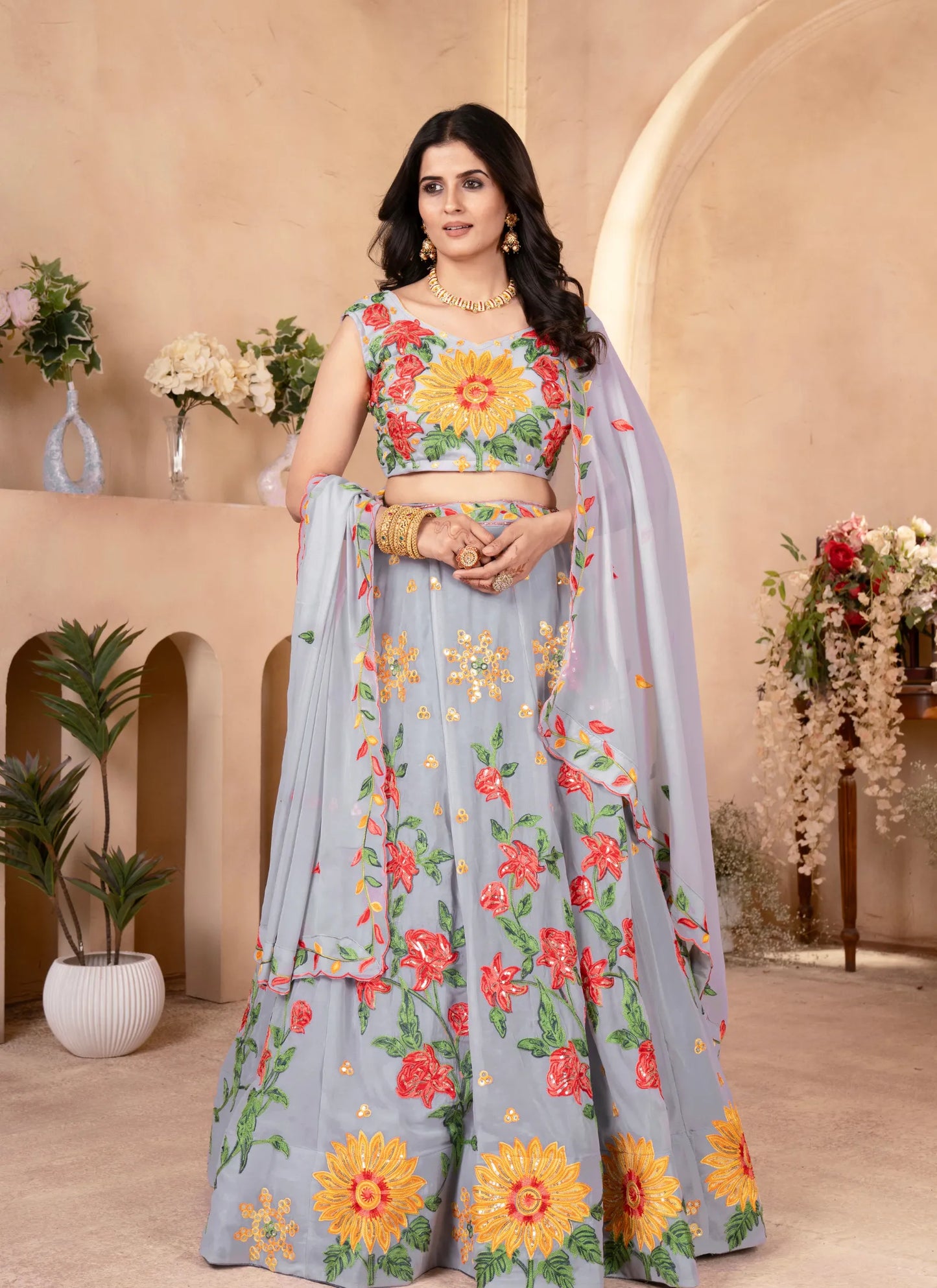 Floral Embroidery Faux Georgette Lehenga Choli