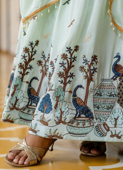 Green Embroidered Chinon Fabric Gown