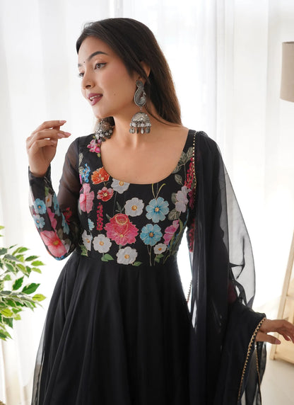 Pure Soft Organja Silk Anarkali Black