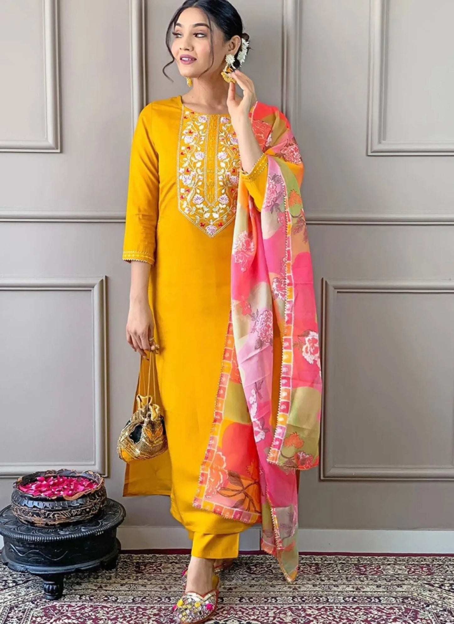 Yellow Vertican Silk Kurta Set