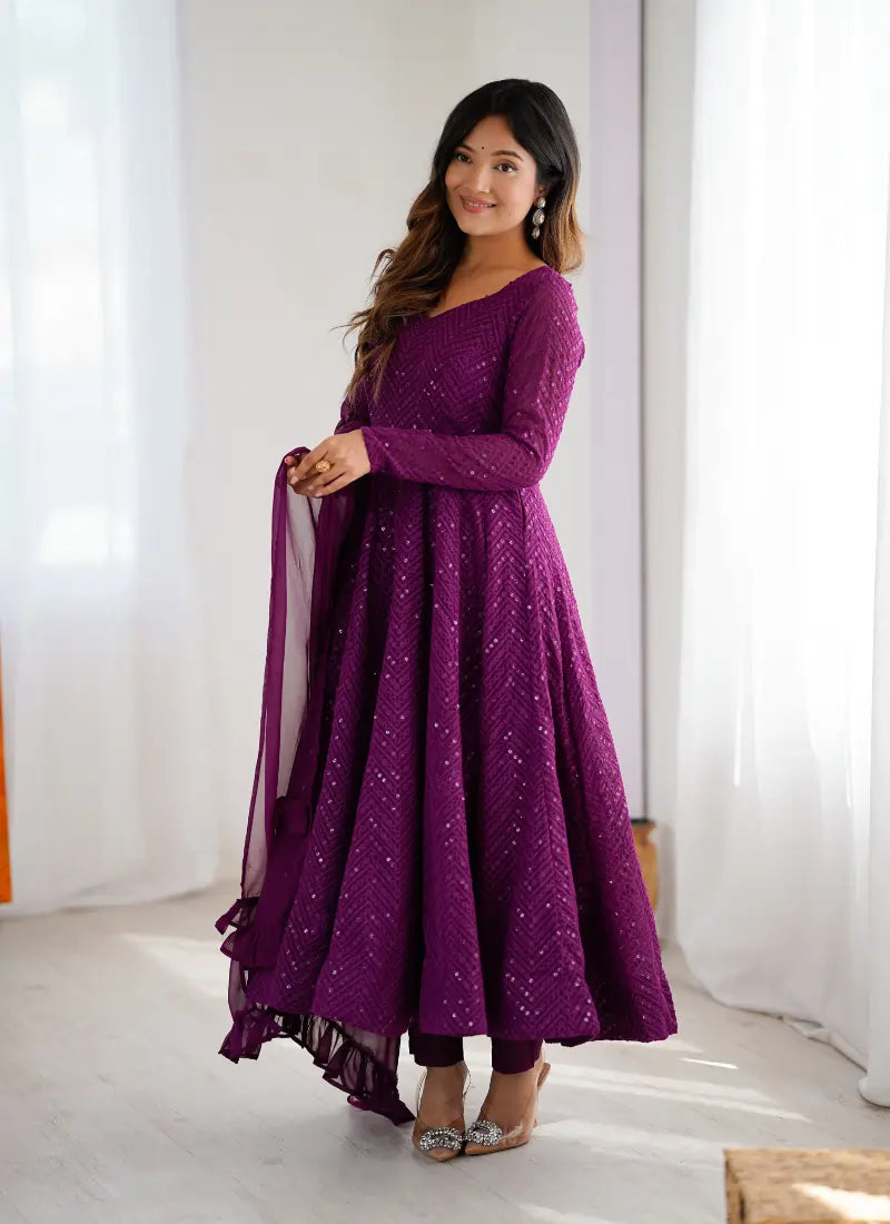 Classic Lucknowi Georgette Fabric Anarkali Suit Wine