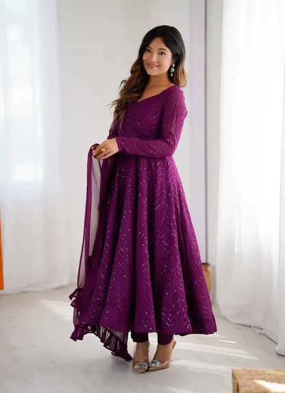 Classic Lucknowi Georgette Fabric Anarkali Suit Wine