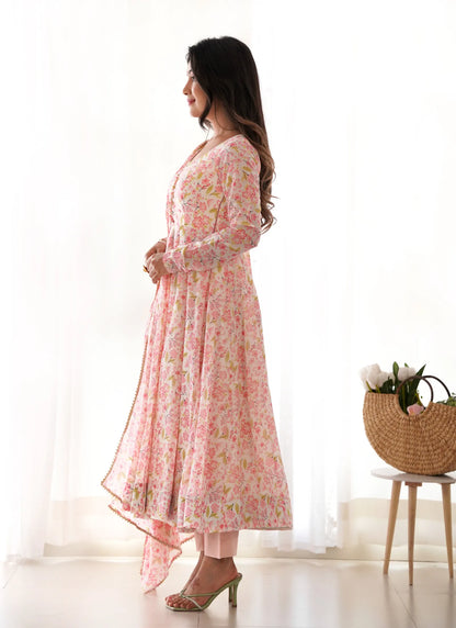 Pure Chiffon Floral Print Anarkali Peach