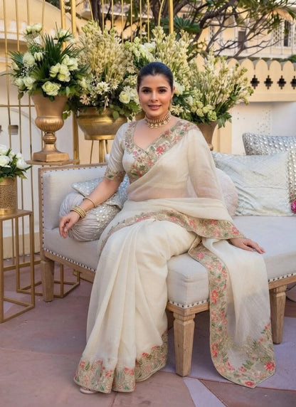 Off-White Soft Fendy Satin Silk Saree