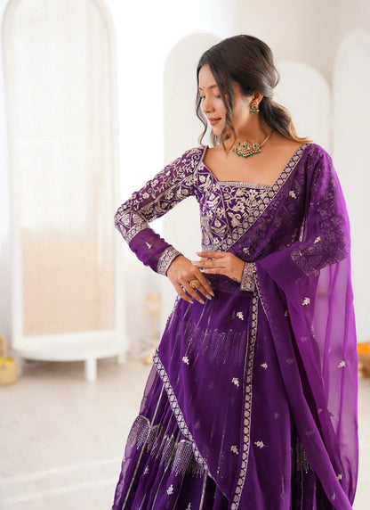 Purple Faux Georgette Thread Embroidery Lehenga Choli