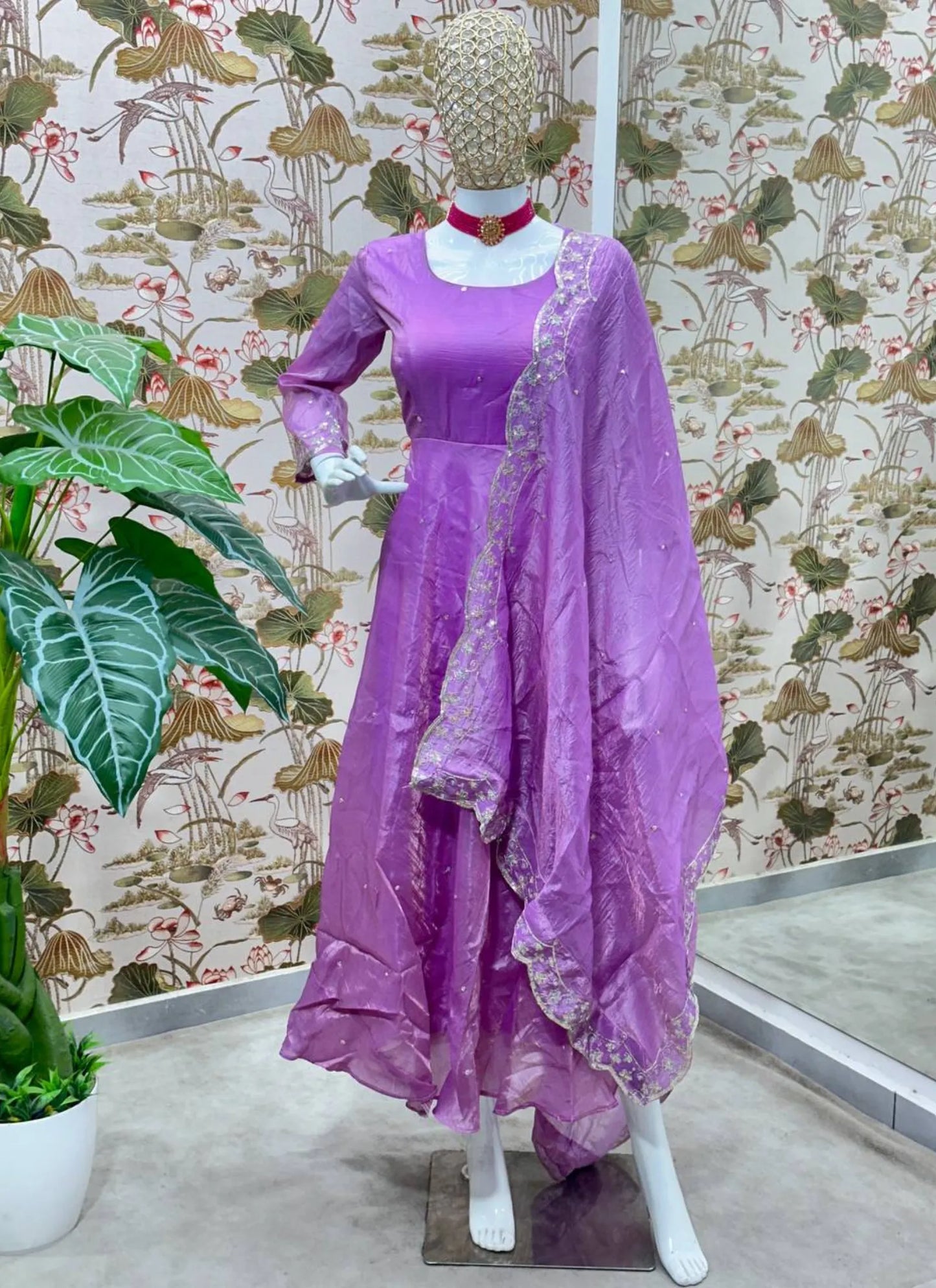 Embroidery Zari Work Silk Gown Purple
