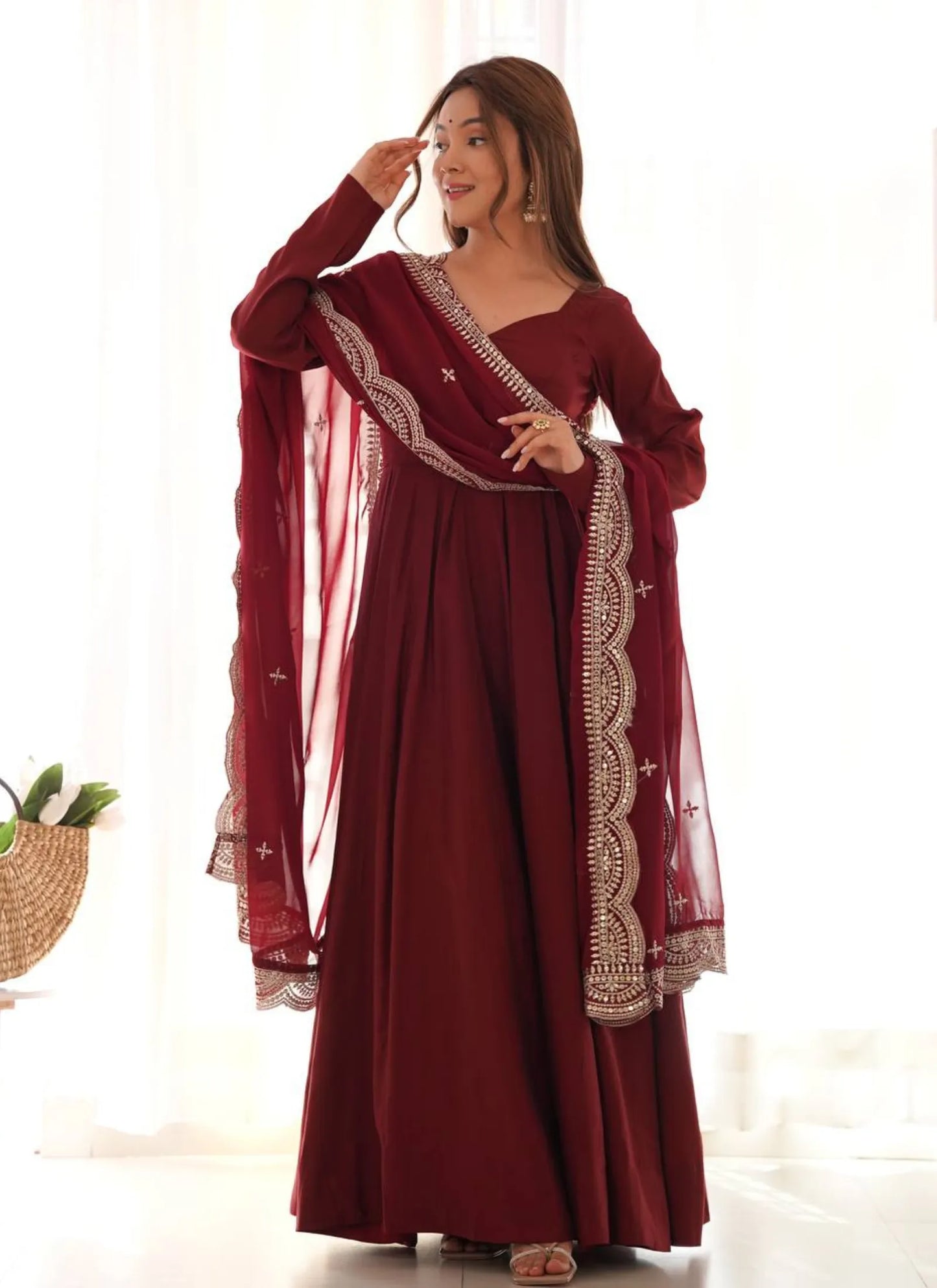 Pure Romansilk Chanderi Fabric Anarkali Maroon