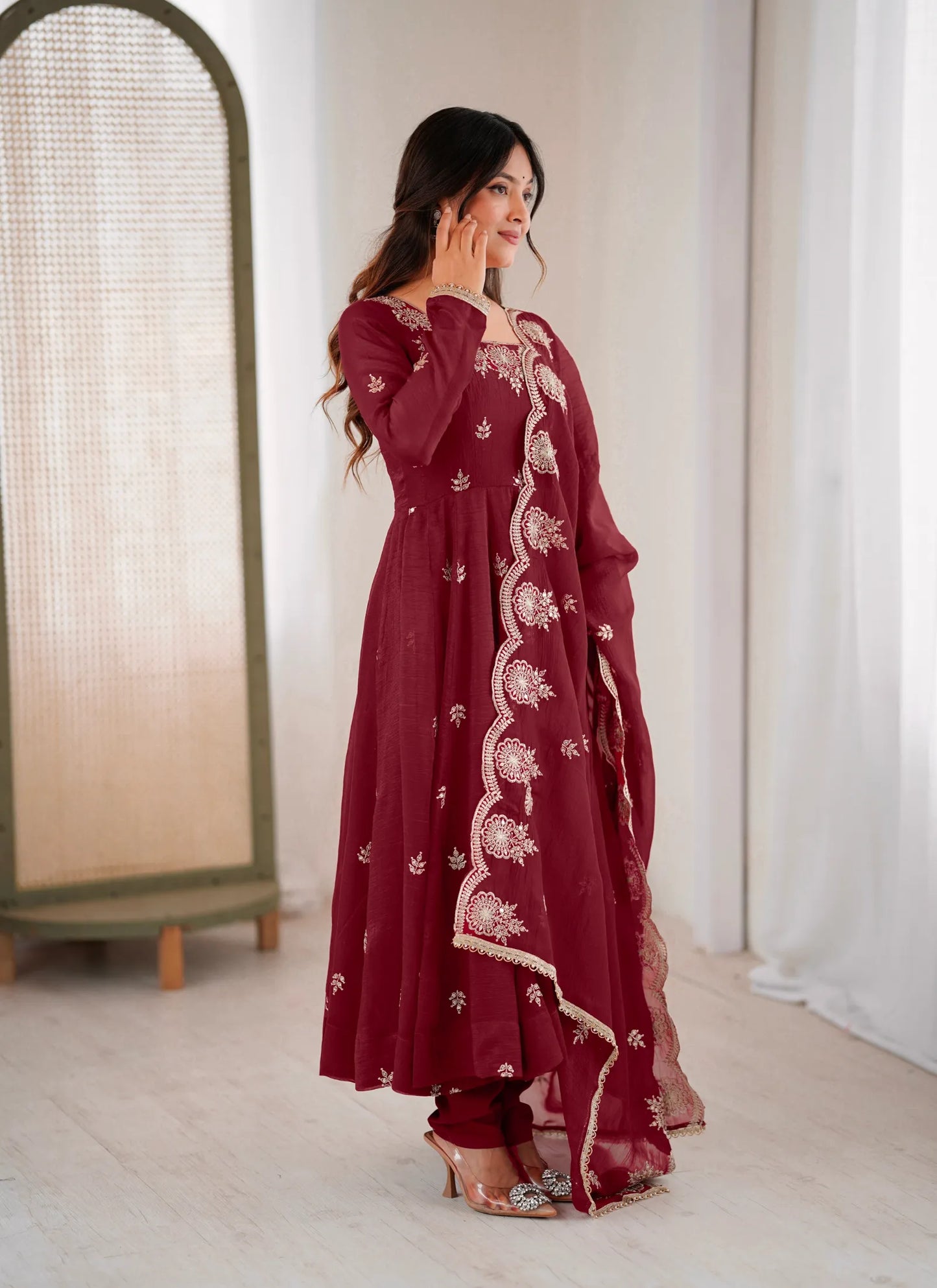 Maroon Designer Embroidered Anarkali Suit