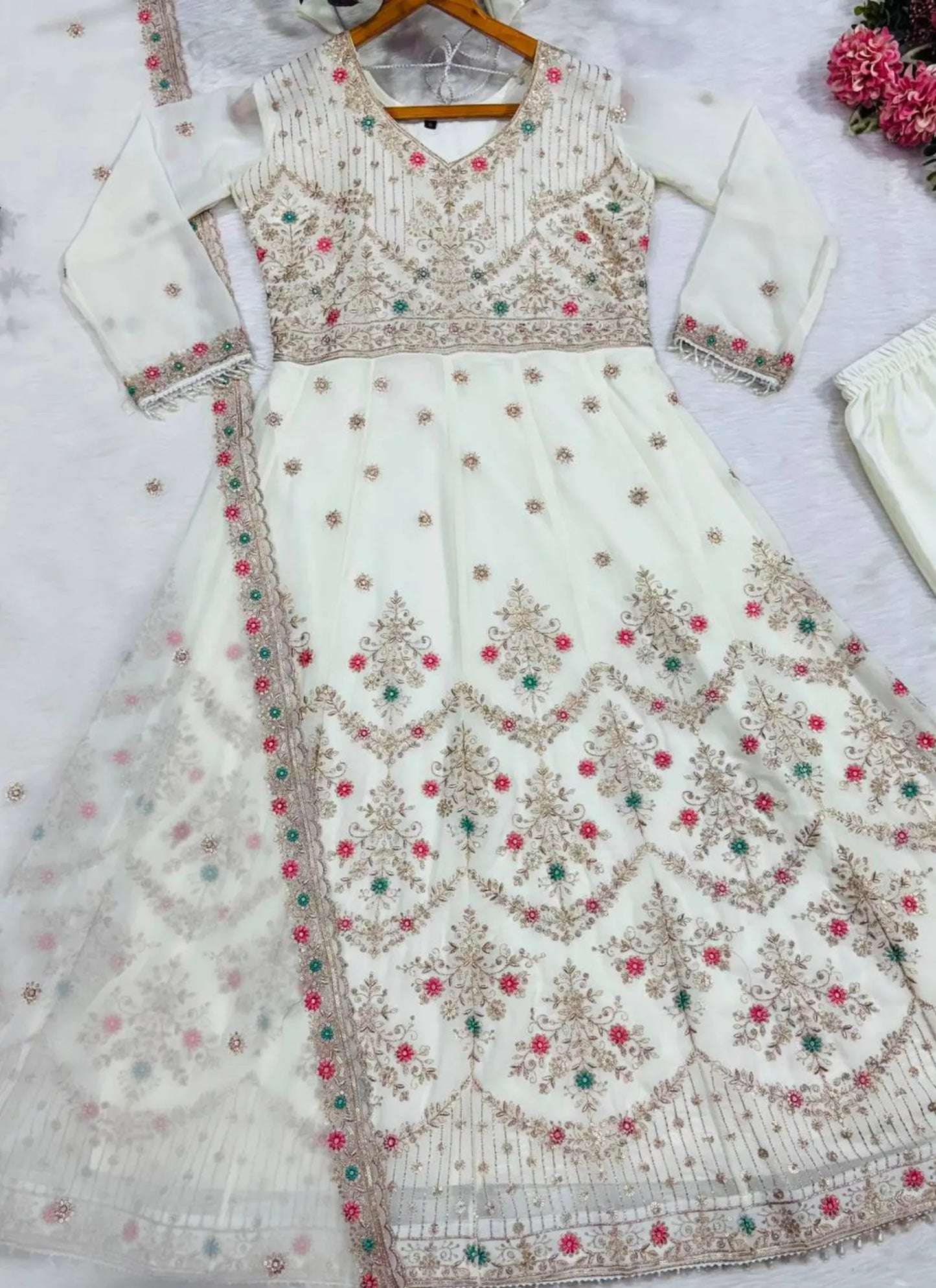Off White Faux Blooming Fabric Thread Embroidered Anarkali Suit