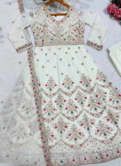 Off White Faux Blooming Fabric Thread Embroidered Anarkali Suit