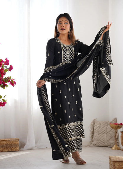 Pure Chinon Silk Embroidery Kurta Black