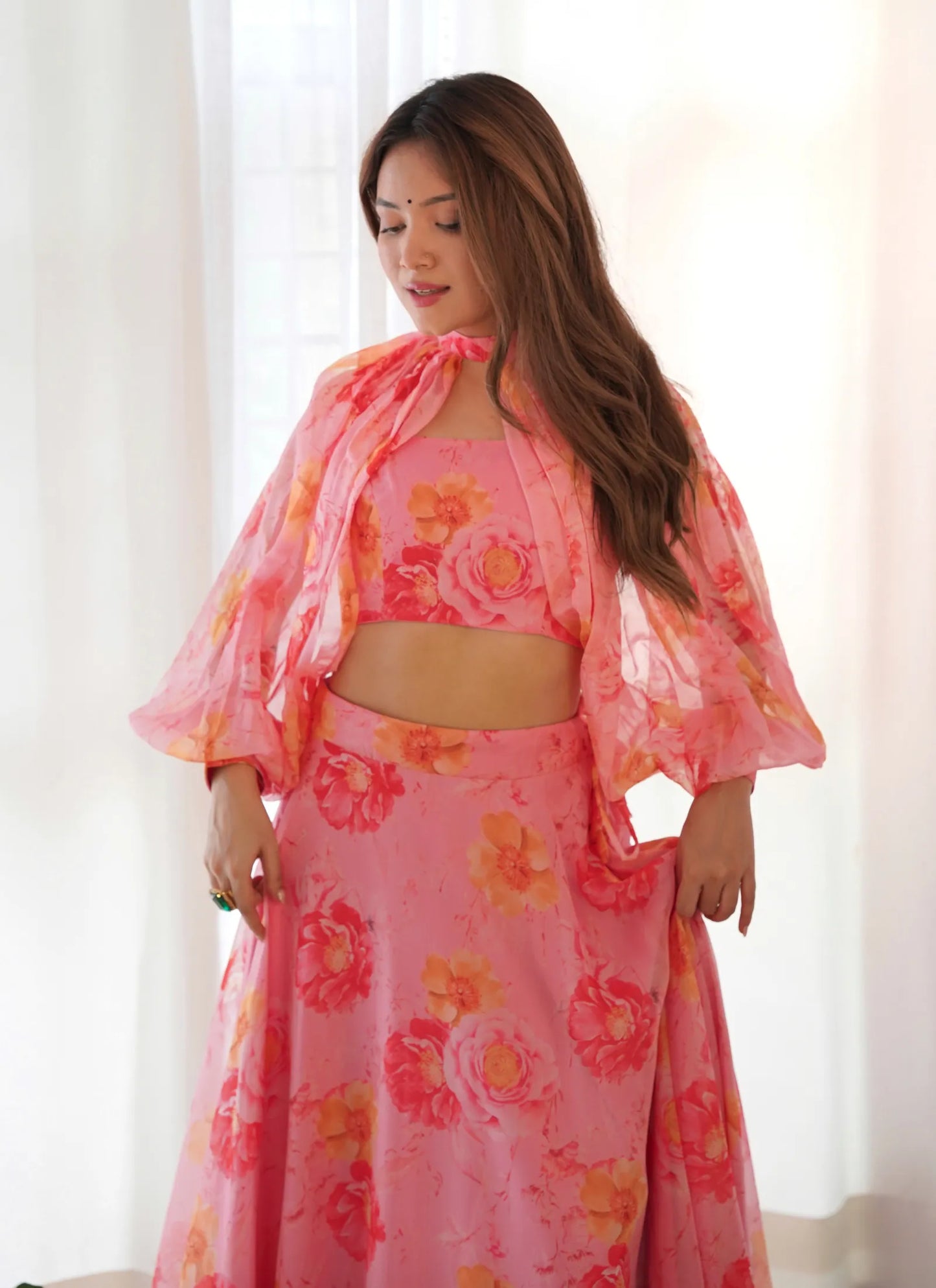 Multi Floral Organja Fabric Lehenga Choli