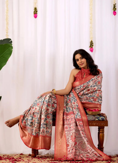 Geometric Prints Soft Lichi Silk Saree