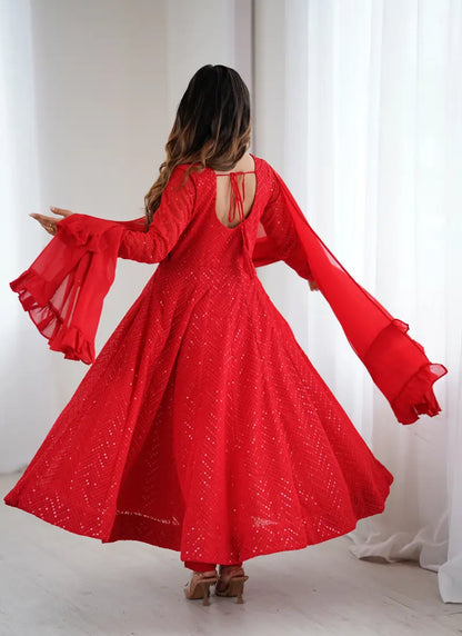 Classic Lucknowi Georgette Fabric Anarkali Suit Red