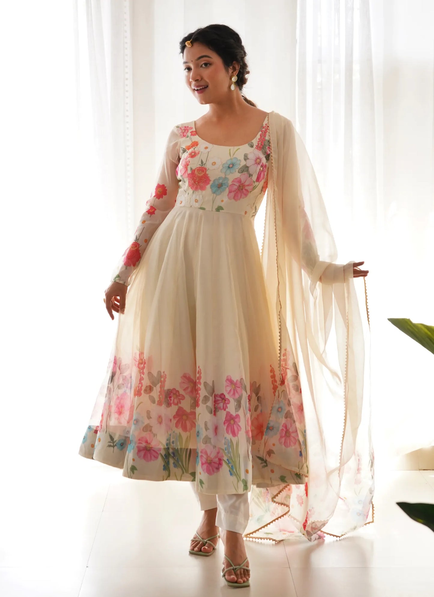 Pure Soft Organja Silk Anarkali Cream