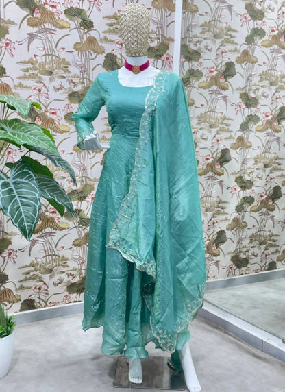 Embroidery Zari Work Silk Gown Teal