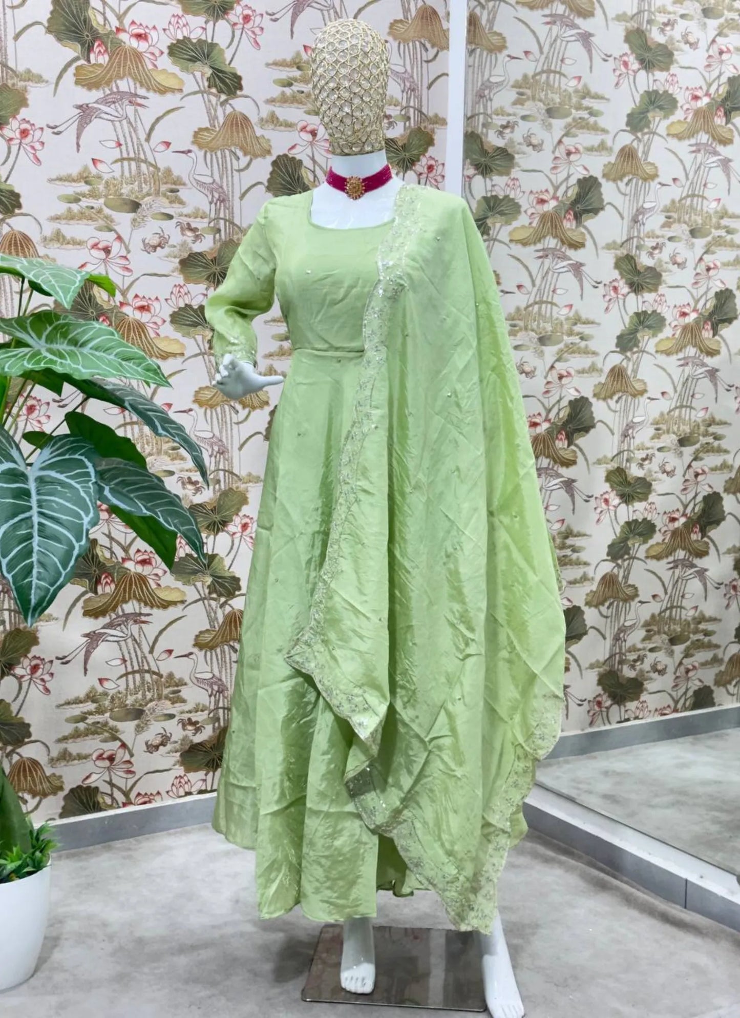 Embroidery Zari Work Silk Gown Light Green