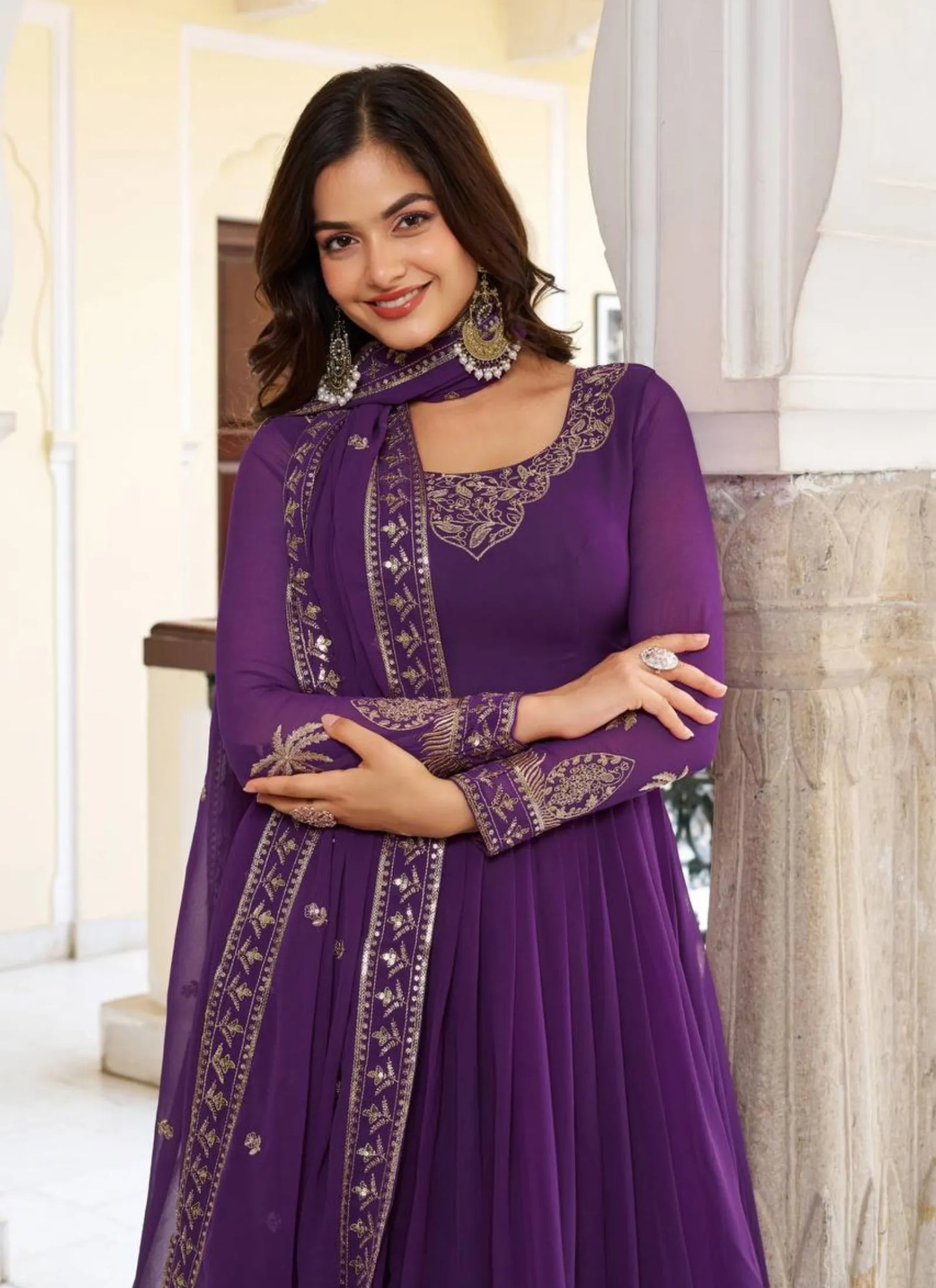 Purple Faux Georgette Thread Work Anarkali Suit