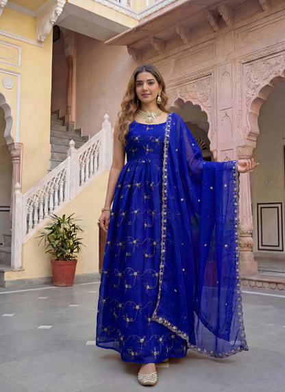 Blue Fandy Silk Embroidery Anarkali Gown