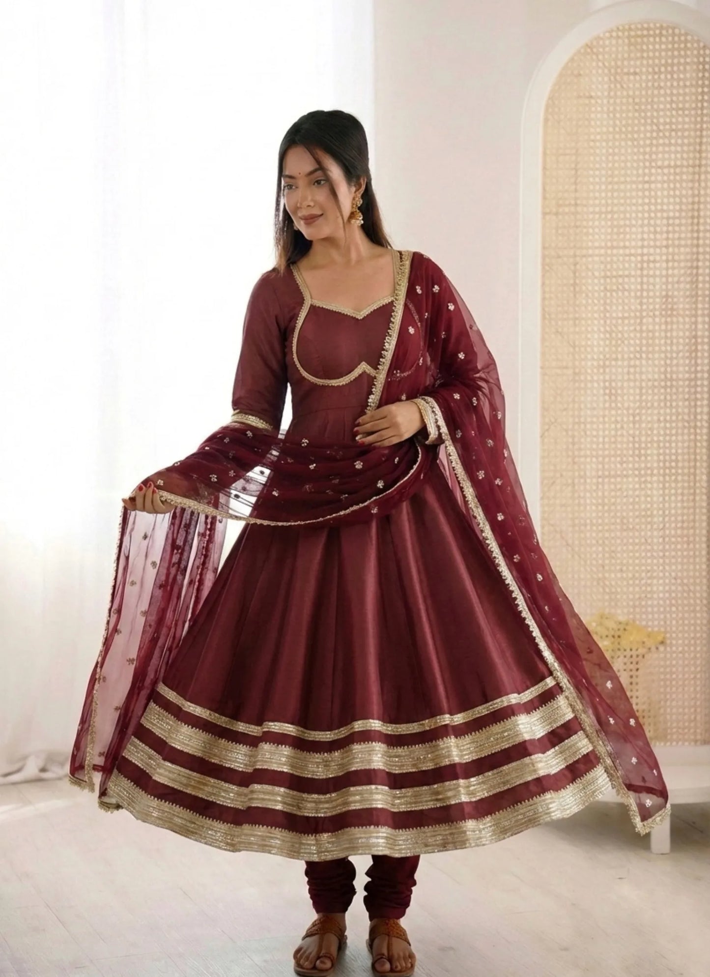 Maroon Heavy Lace Work Designer Anarkali Suit