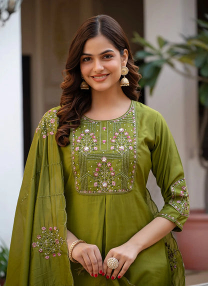 Olive Pure Viscose Designer Kurti Set