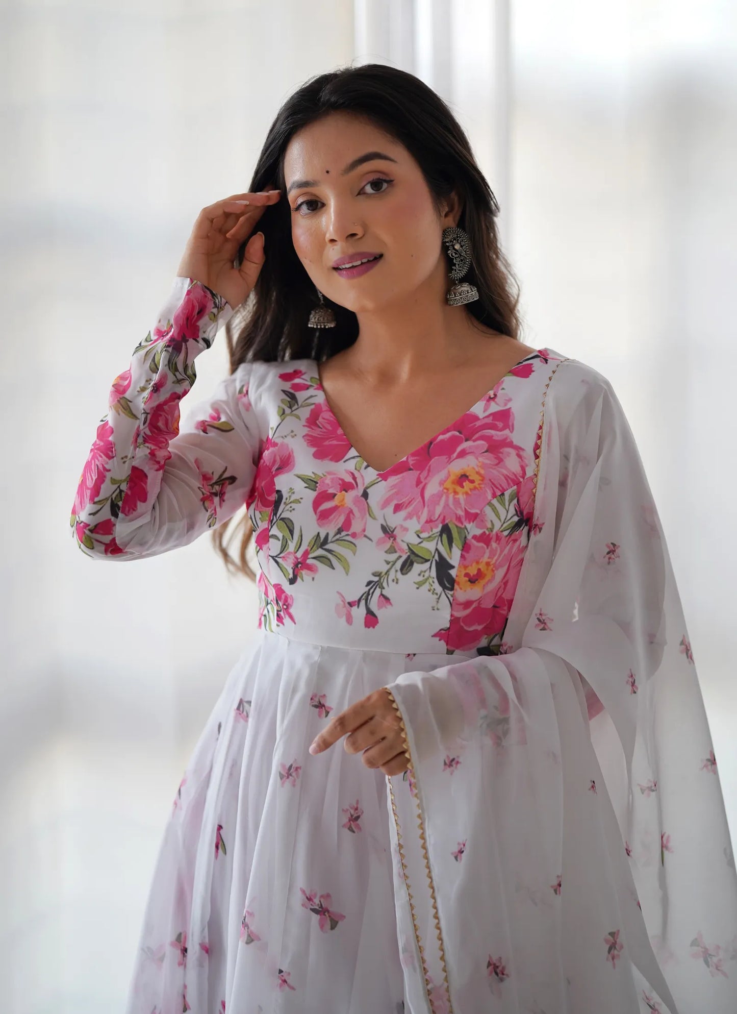 Pure Soft Organja Silk Anarkali White