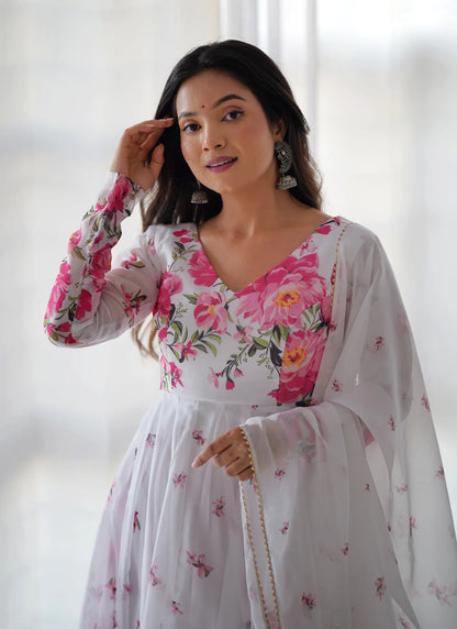 Pure Soft Organja Silk Anarkali White