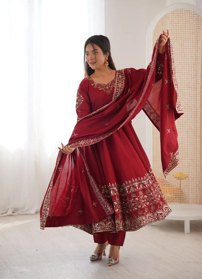 Maroon Embroidered Sequence Anarkali Suit