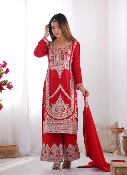 Pure Vichitra Silk Embridery Kurta Red