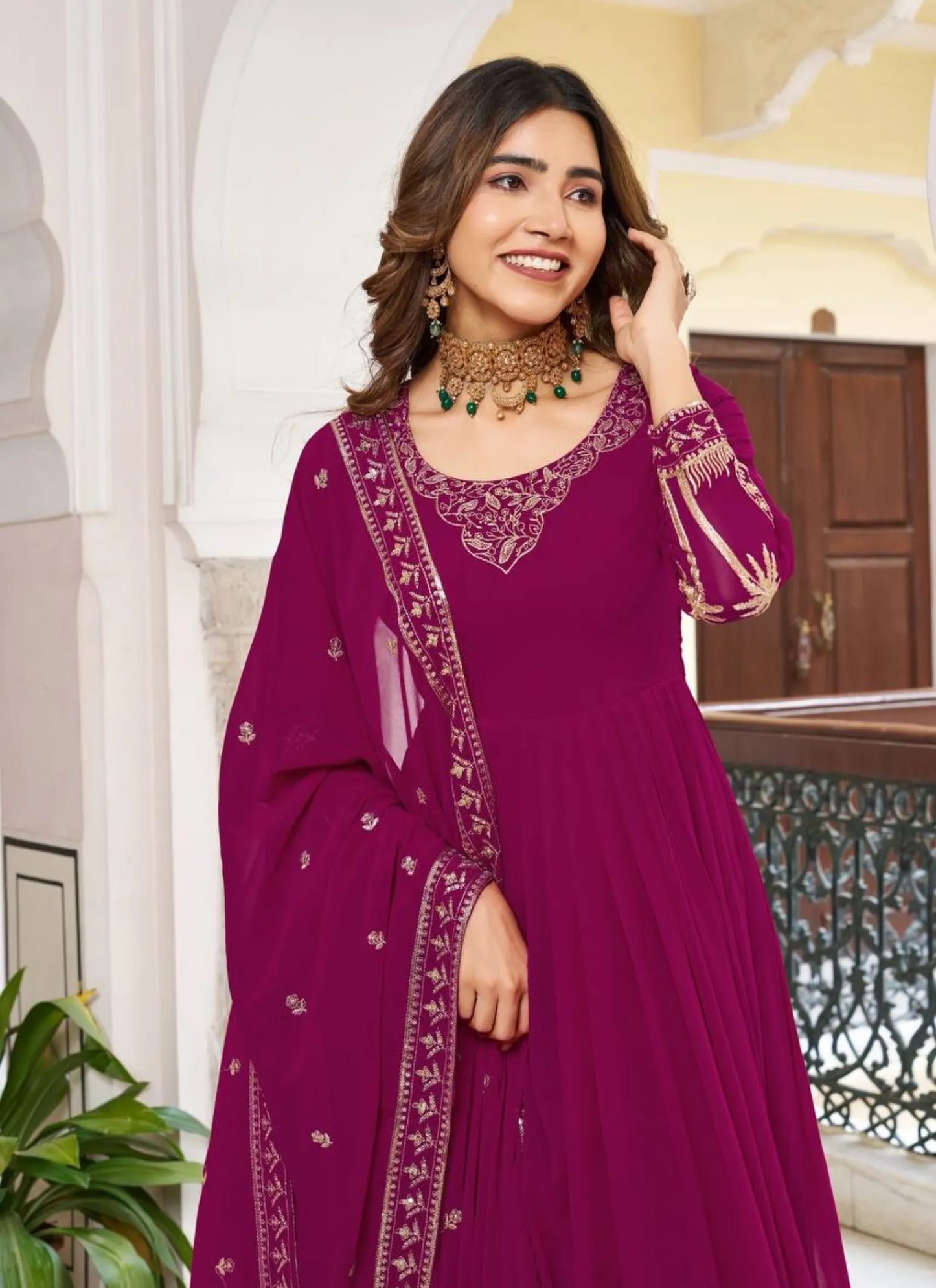 Pink Faux Georgette Thread Work Anarkali Suit
