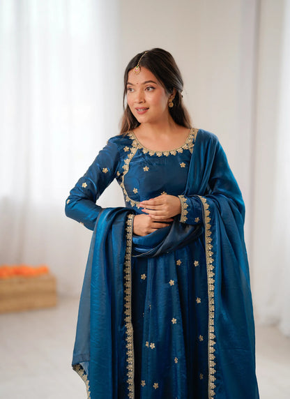 Blue Fandy Silk Anarkali Suit