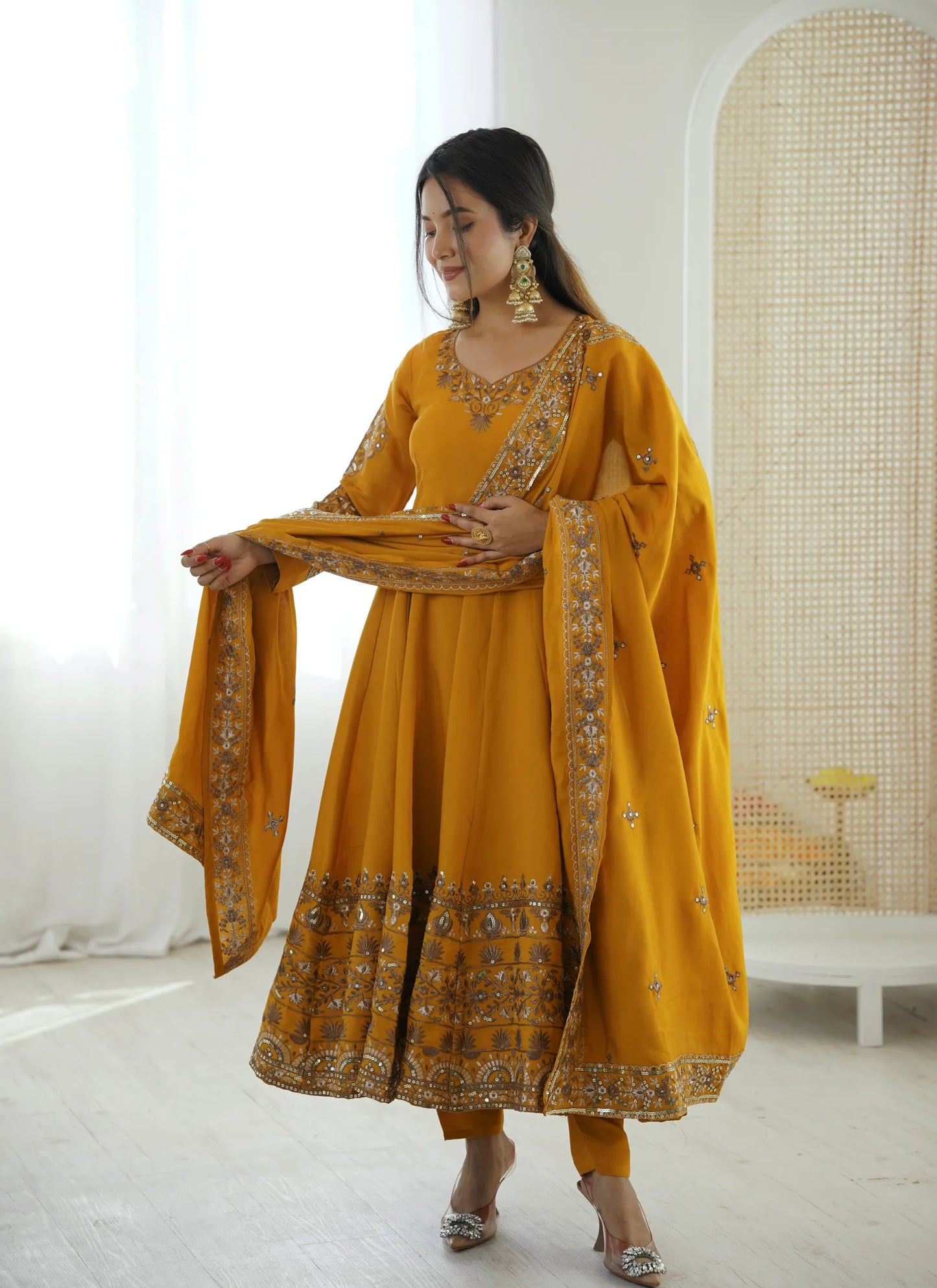 Yellow Embroidered Sequence Anarkali Suit