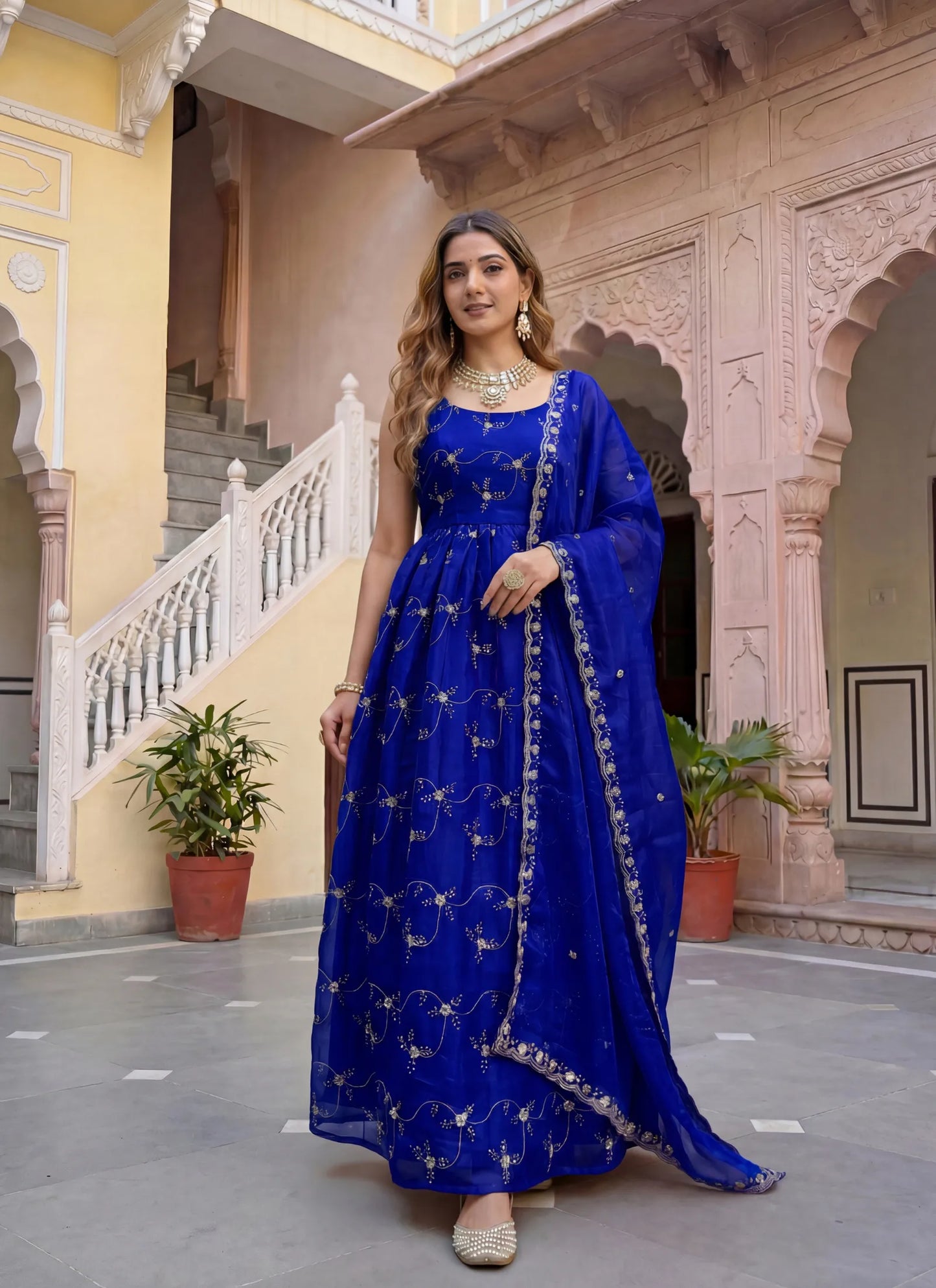 Blue Fandy Silk Embroidery Anarkali Gown