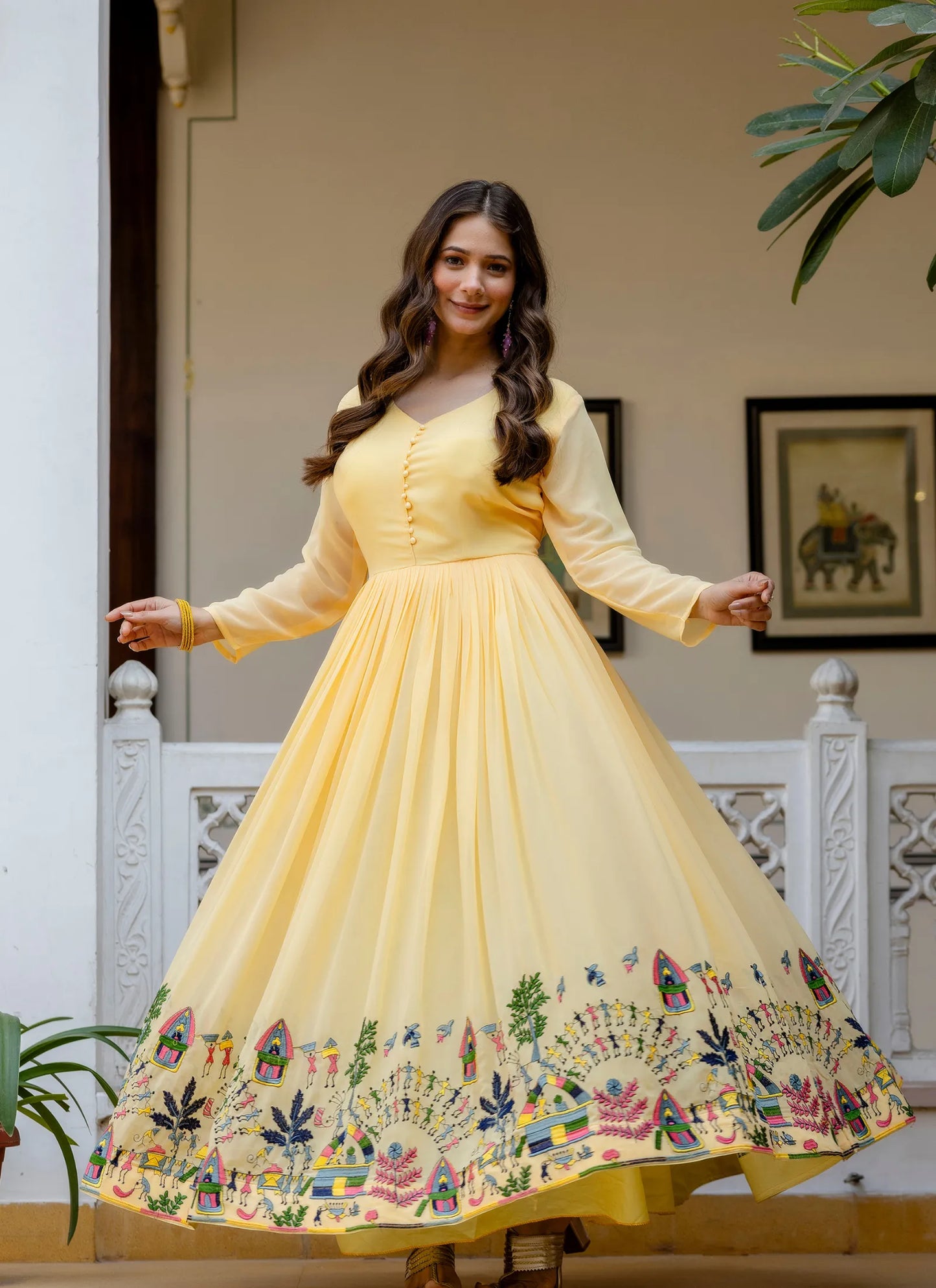 Yellow Embroidered Faux Georgette Gown