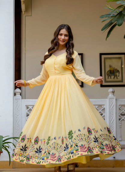 Yellow Embroidered Faux Georgette Gown