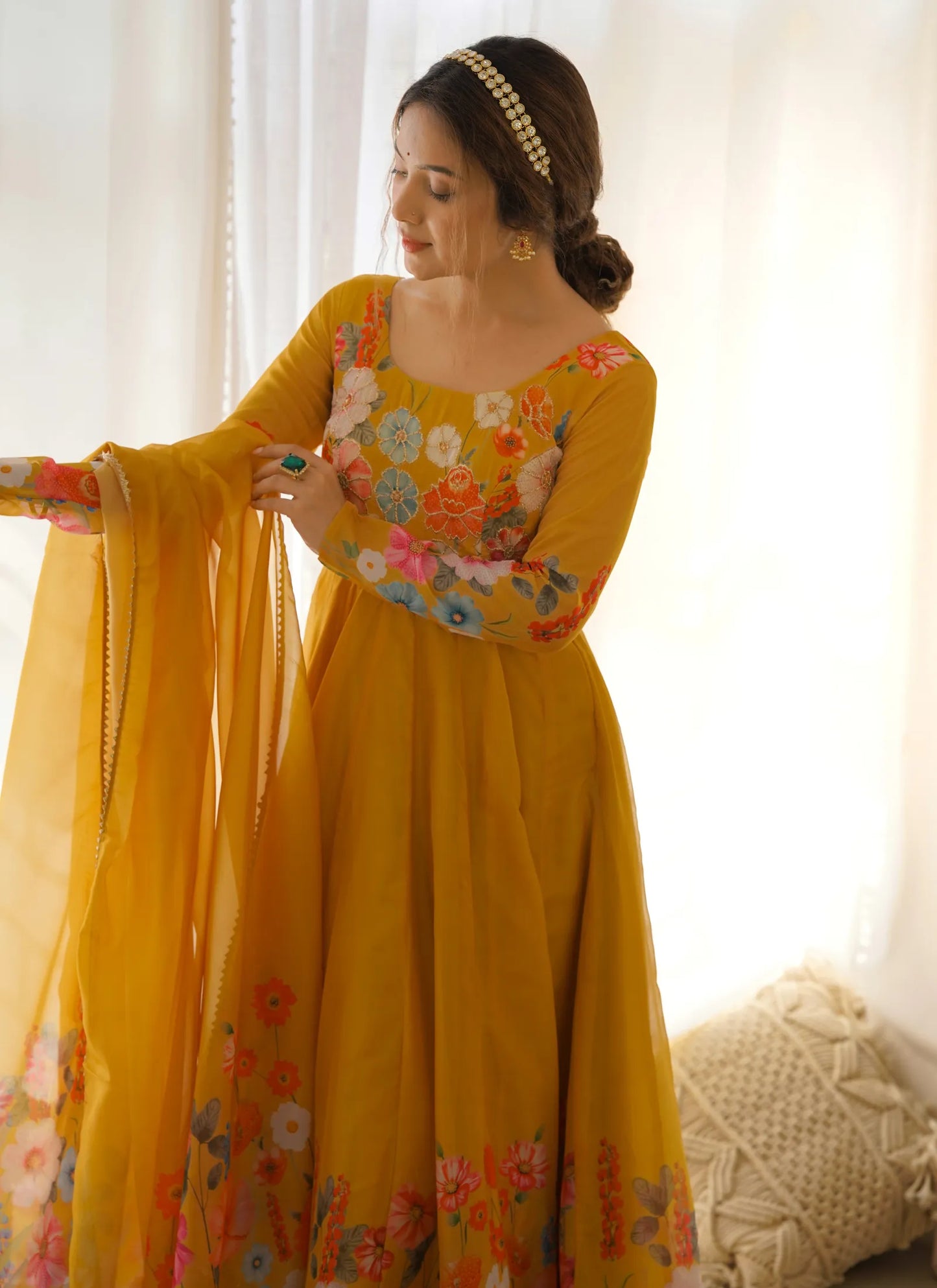 Pure Soft Organja Silk Anarkali Yellow
