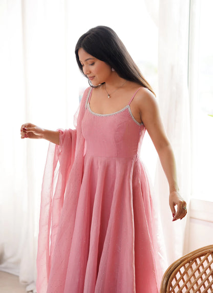 Pink Crunchy Silk Fabrics Fully Flair Anarkali